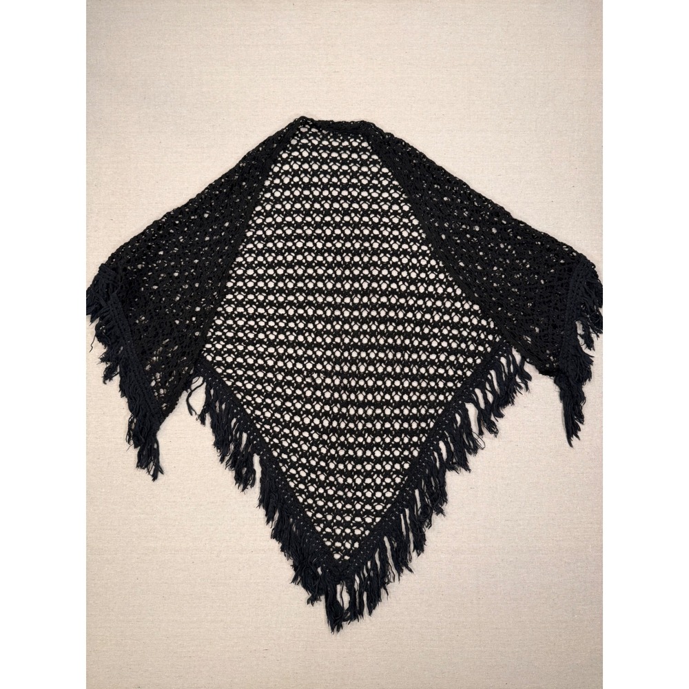 Vintage Black Crochet Triangle Shawl Fringe Wrap Boho Scarf Hand Knit One Size